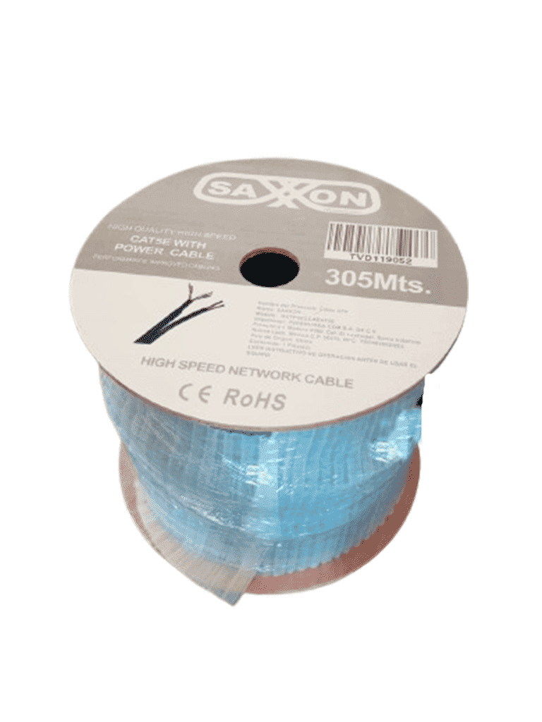 SAXXON OUTP5ECCAEXT2E - Bobina de Cable UTP Cat5e Siames/ 305 Metros/ Uso Exterior/ CCA/ UTP+Cables de Energía Cal. 18 AWG/ Doble Forro en Cable UTP/  Ideal para Cableado de Video/