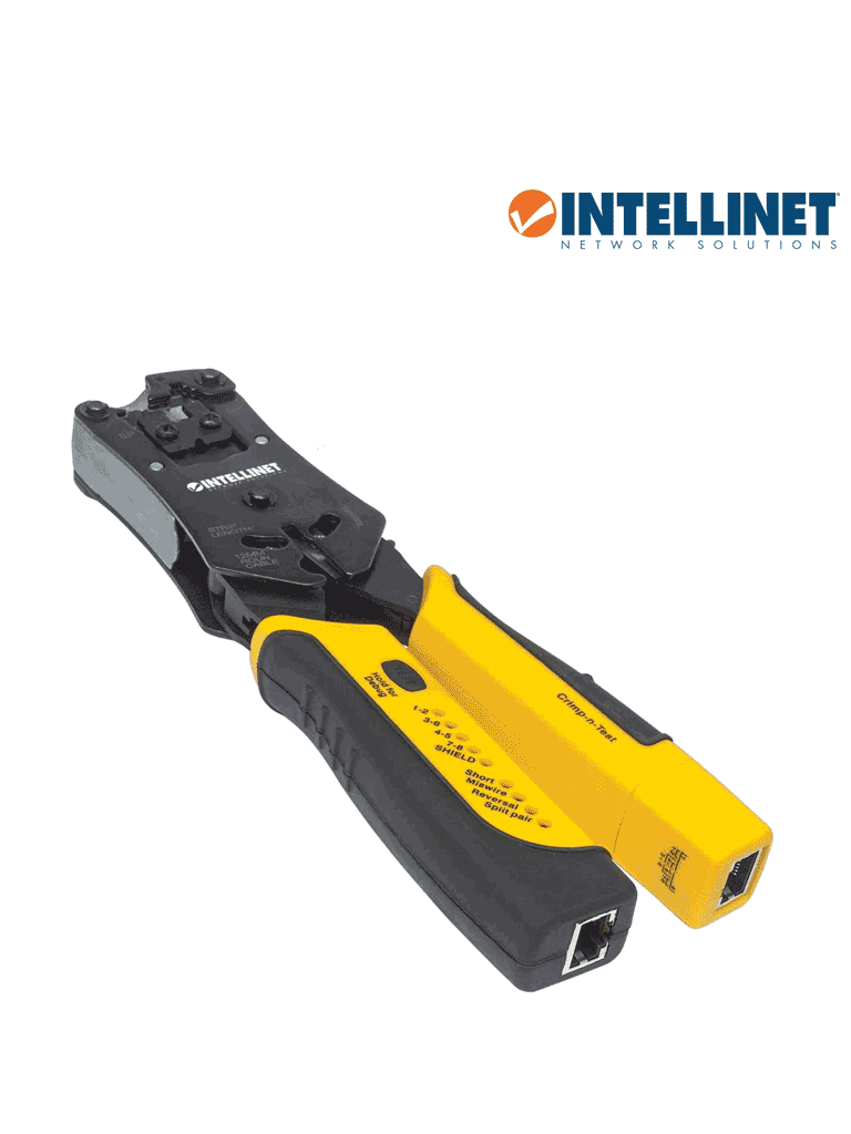 INTELLINET 780124 - Pinza crimpeadora universal de plugs modulares y probador de cables 2-en-1: crimpea, corta, pela, remata y prueba.
