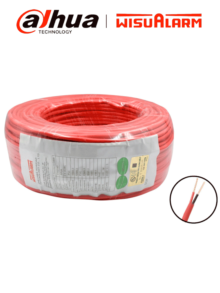 DAHUA WISUALARM 2X18AWG-U- Bobina de 305 metros de cable sin blindaje para alarma de Incendio, Listado por UL, Revestimiento de PVC UL105 °C de alta resistencia al fuego, Fabricado con aislamiento de cloruro de polivinilo UL105 °C altamente ignífugo