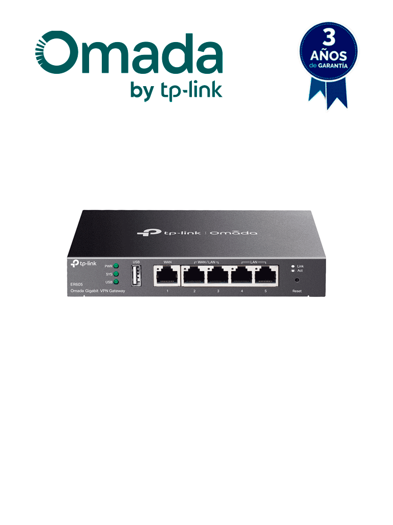 TP-LINK ER605 - Router Omada VPN SDN Multi-WAN Gigabit con 1 puerto WAN Gigabit, 2 LAN Gigabit y 2 configurables LAN/WAN, hasta 25,000 sesiones concurrentes, con gestión centralizada Omada o stand-alone y 1 puerto USB 2.0. — TP-Link · SKU TPL3660020