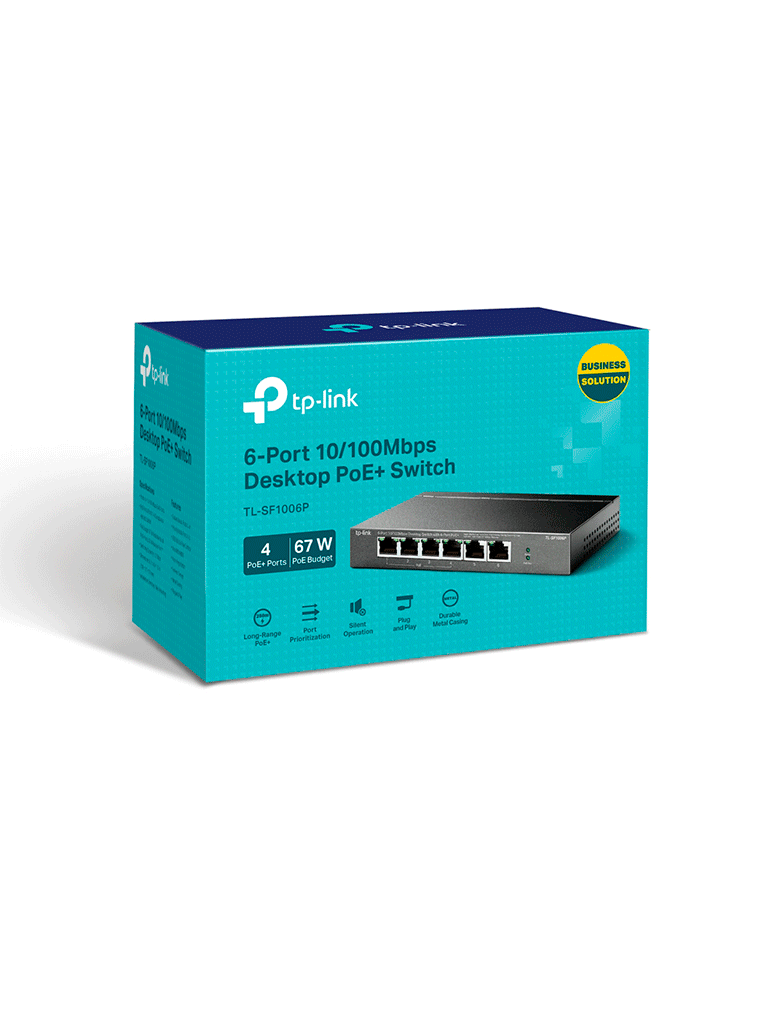 TP-LINK TL-SF1006P -  Switch PoE no administrable con 6 puertos Fast Ethernet, incluyendo 4 puertos PoE AF y AT. Suministro PoE hasta 67W y modo extendido para conexiones de hasta 250m.