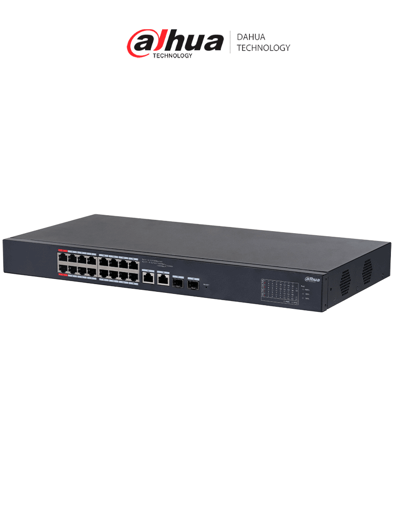 DAHUA CS4218-16ET-135 - Switch PoE de 18 Puertos/ 16 Puertos Poe 10/100/ 2 Puertos Uplink 10/100/1000 + 2 Puertos SFP/ 135 Watts Totales/ Administrable en la Nube por DoLynk Care/ PoE Hasta 250 Metros/ Carcasa Metalica/ Switching 7.2 Gbps — Dahua Technology · SKU DHT3720032