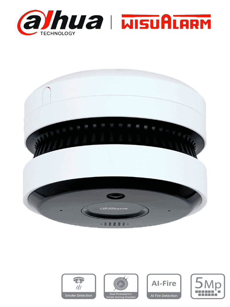 DAHUA WISUALARM DHI-HY-SAV849HA-E -Cámara IP 5MP con IA para Detección de Incendio, Detector Fotoelectrico, Buzzer de 85 dB, WDR Real, Flip, E&S de Alarma, IR de 20 Metros, PoE, Micrófono y altavoz, Ranura MicroSD