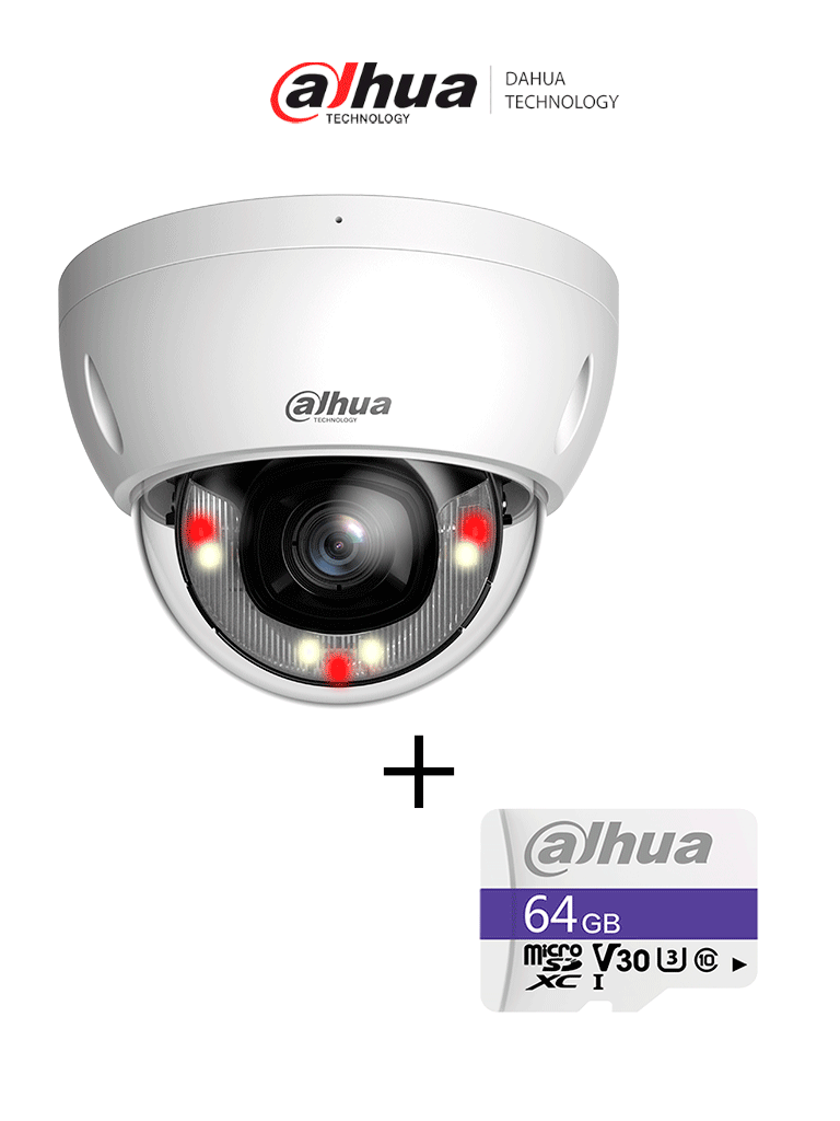 Kit DAHUADH-IPC-HDBW2649EP-S-IL Camara IP Domo 6 MP/ Lente de 2.8mm/ SMD Plus/ Protección Perimetral / Micrófono Integrado/ IP67/ IK10 Ranura para MicroSD +TF-C100/64GB - Dahua Memoria Micro SD de 64 GB UHS-I de regalo/