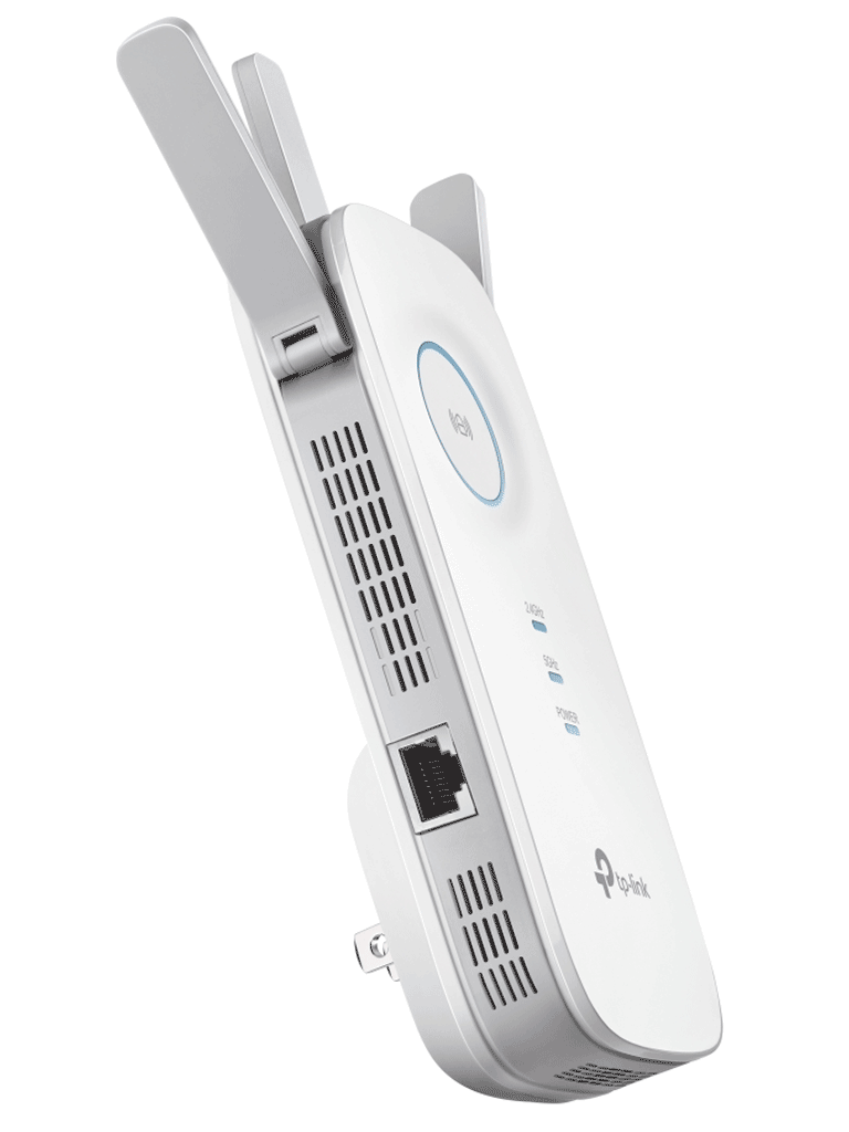 TP-LINK RE450 -  Repetidor de señal WiFi AC1750 de doble banda 2.4GHz (450Mbps) y 5GHz (1300Mbps) con indicador inteligente de señal, modo punto de acceso, 3 antenas externas y 1 puerto Ethernet (RJ45) 10/100/1000Mbps.