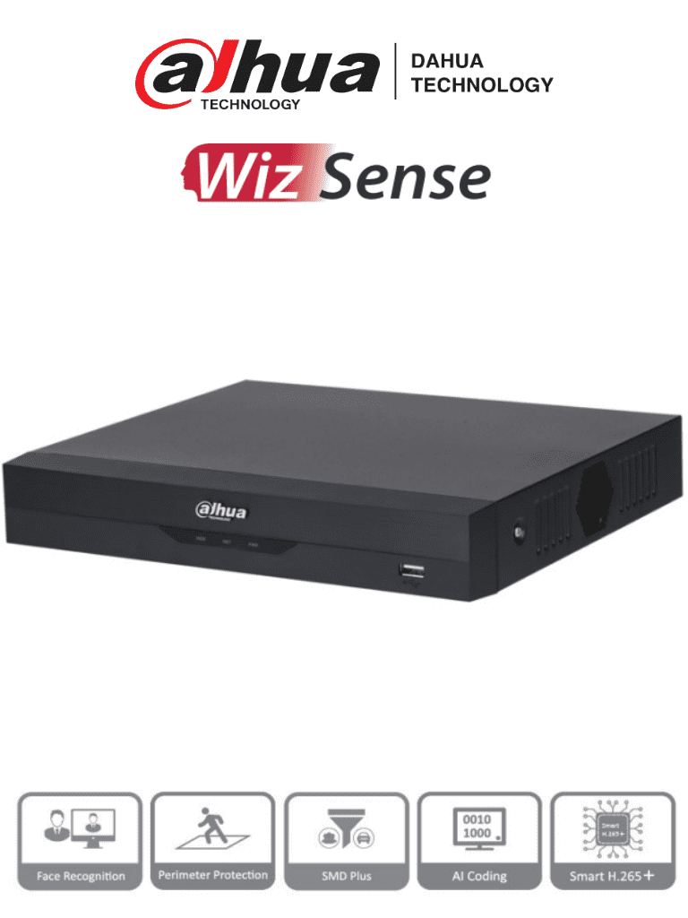 DAHUA XVR5108HS-4KL-I3 - DVR 4K WizSense de 8 canales + 8 IP o hasta 16 IP. Incluye SMD Plus, Protección Perimetral y reconocimiento facial, codificación con IA, H.265+, y soporta CVI, AHD, TVI, CVBS e IP. Compatibilidad con IoT y POS — Dahua Technology · SKU DHT0360012