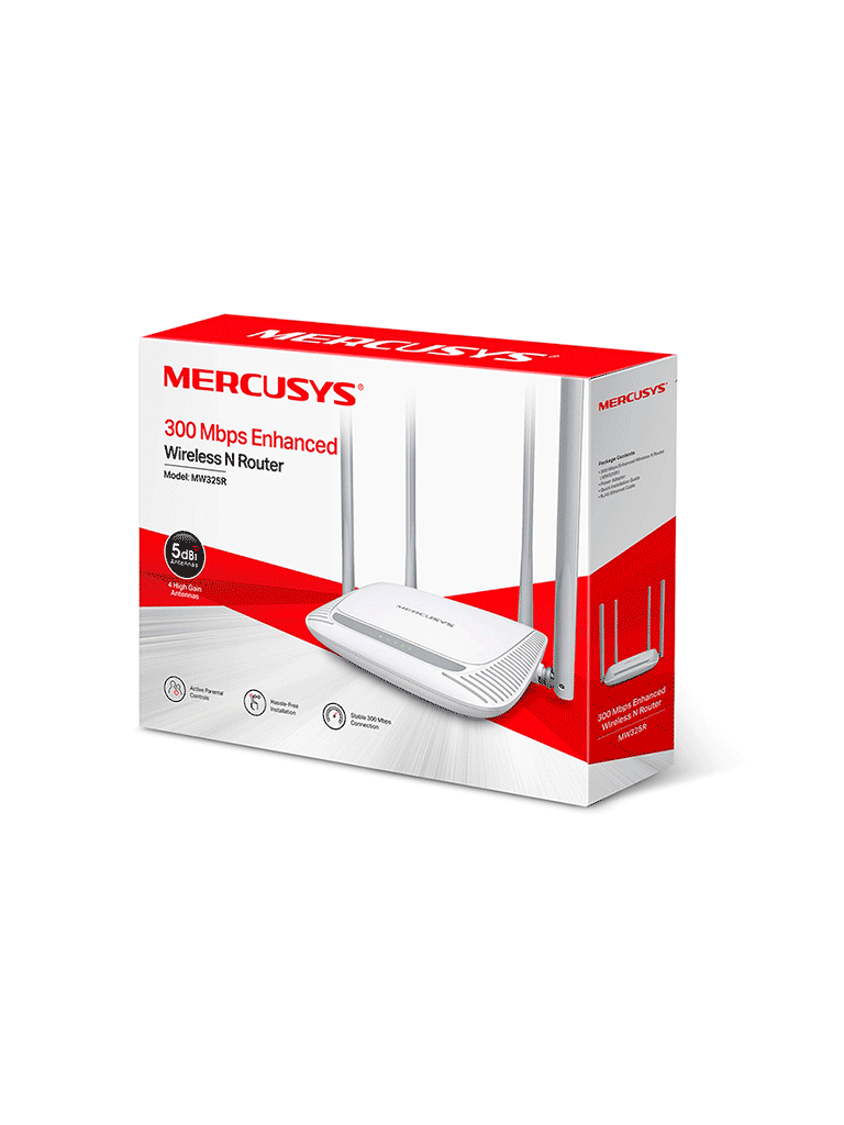 MERCUSYS MW325R -  Router inalámbrico N con velocidad mejorada de 300 Mbps en la frecuencia de 2.4 GHz. Posee 1 puerto WAN y 3 puertos LAN de 10/100 Mbps, junto con 4 antenas de 5 dBi para una mayor cobertura.