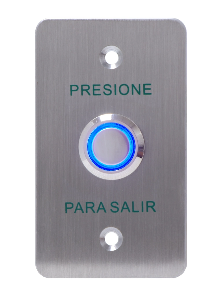 YLI PBK814BLED - Botón de Salida Mecánico, Indicador LED (Azul), Acero Inoxidable, 12 VCC, Función NC/NO