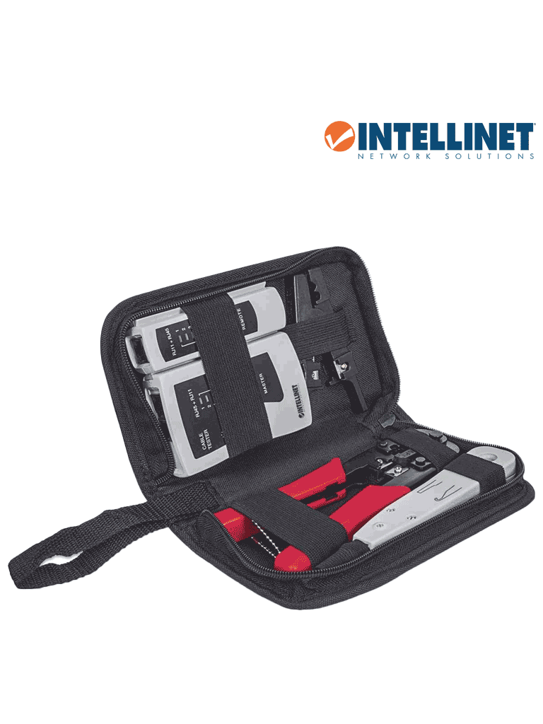 INTELLINET 780070 - Kit de herramientas para red de 4 piezas: probador de cable UTP, ponchadora, pinza crimpeadora y pelador de cable