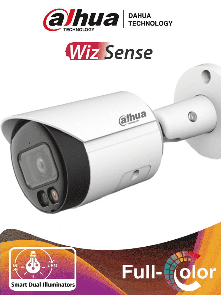 DAHUA IPC-HFW2449S-S-IL - Camara Bullet IP 4 Megapixeles/ Iluminador Dual Inteligente+Full Color/ WizSense/ Lente de 2.8mm/ 95 Grados/ Microfono Integrado/ 30 Mts de IR y Luz Visible/ Metal/ Ranura MicroSD/ WDR 120dB/ SMD Plus/ PoE — Dahua Technology · SKU DHT0030101