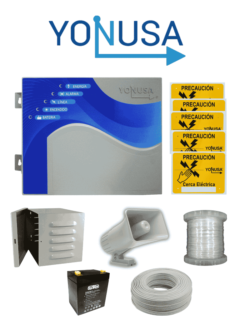 YONUSA PACK127AF -Paquete de energizador de alta frecuencia con interface/ Sirena y gabinete metálico/ Bobina de alambre 500 mts/ Bobina cable bujía/ batería y 5 letrero