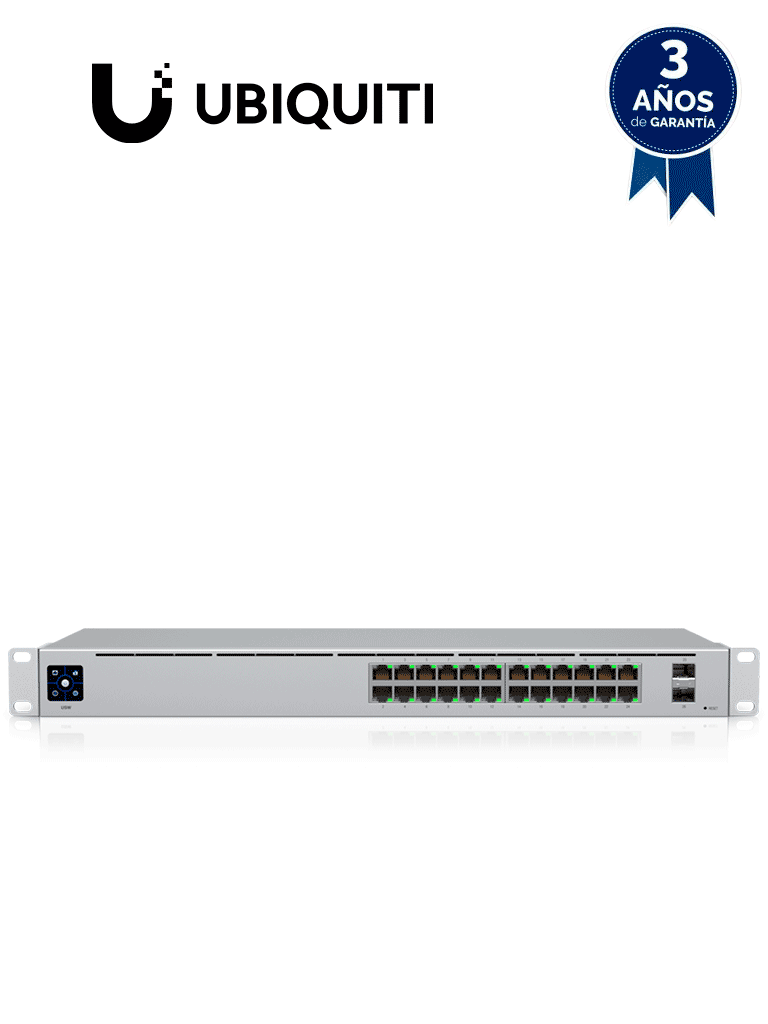 UBIQUITI USW-24 UniFi Switch Capa 2 de 24 puertos 10/100/1000 Mbps más 2 puertos 1G SFP, con pantalla informa · SKU UBI1860004
