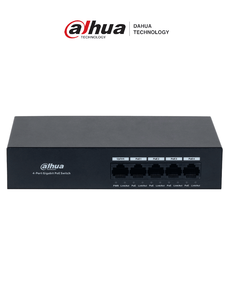 DAHUA DH-PFS3005-4GT-36 - Switch con 4 puertos Gigabit PoE y 1 puerto Uplink RJ45 10/100/1000 Mbps. Ofrece protección contra descargas eléctricas, ideal para alimentar dispositivos IP. Incluye fuente de Poder. — Dahua Technology · SKU DHT3720054