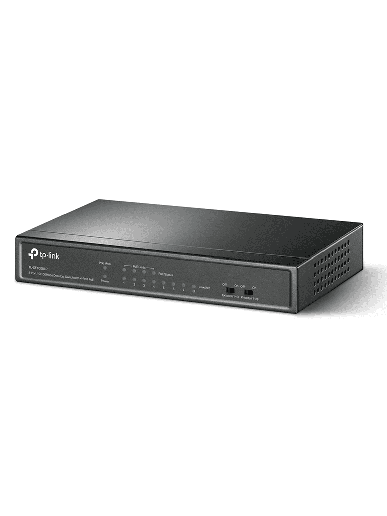 TP-LINK TL-SF1008LP - Switch PoE no administrable con 8 puertos Fast Ethernet, incluidos 4 puertos PoE AF. Ofrece un presupuesto PoE de hasta 41W y soporta modo extendido para conexiones de hasta 250m.