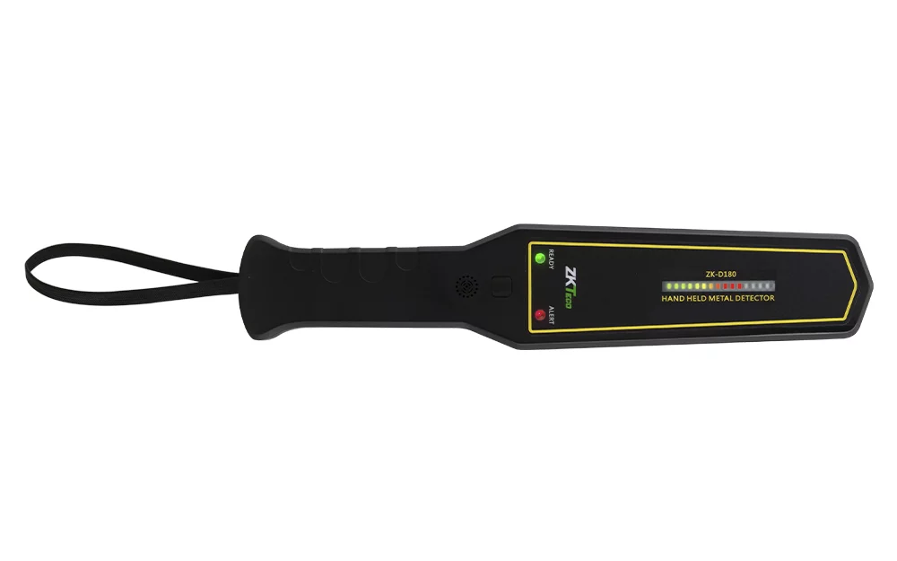 ZKTECO D180 - Detector de metales portátil con alta sensibilidad, indicador visual, alarmas sonora y vibración. Su batería recargable de 9VDC proporciona hasta 40 horas de uso continuo, ideal para aplicaciones de seguridad eficientes y prolongadas.