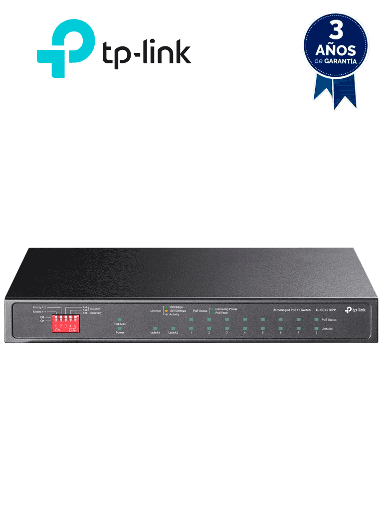 TP-LINK TL-SG1210PP - Switch de escritorio POE de 10 puertos Gigabit , 6 puertos POE+ , 2 puertos POE++ , 1 Puerto combo SFP/RJ45 , IEEE 802.3af/at/bt , 30W POE+ , 60W POE++ , 123W Totales, Modo extendido de 250Mts de distancia. — TP-Link · SKU TPL3720043