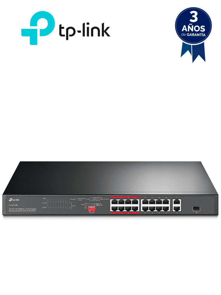 TP-LINK TL-SL1218P - Switch PoE+ no administrable con 16 puertos 10/100 Mbps, 2 puertos 10/100/1000 Mbps y 1 puerto SFP. Incluye 8 puertos extensores PoE (hasta 250 m), capacidad de 150W, diseñado para vigilancia IP. — TP-Link · SKU TPL3720021