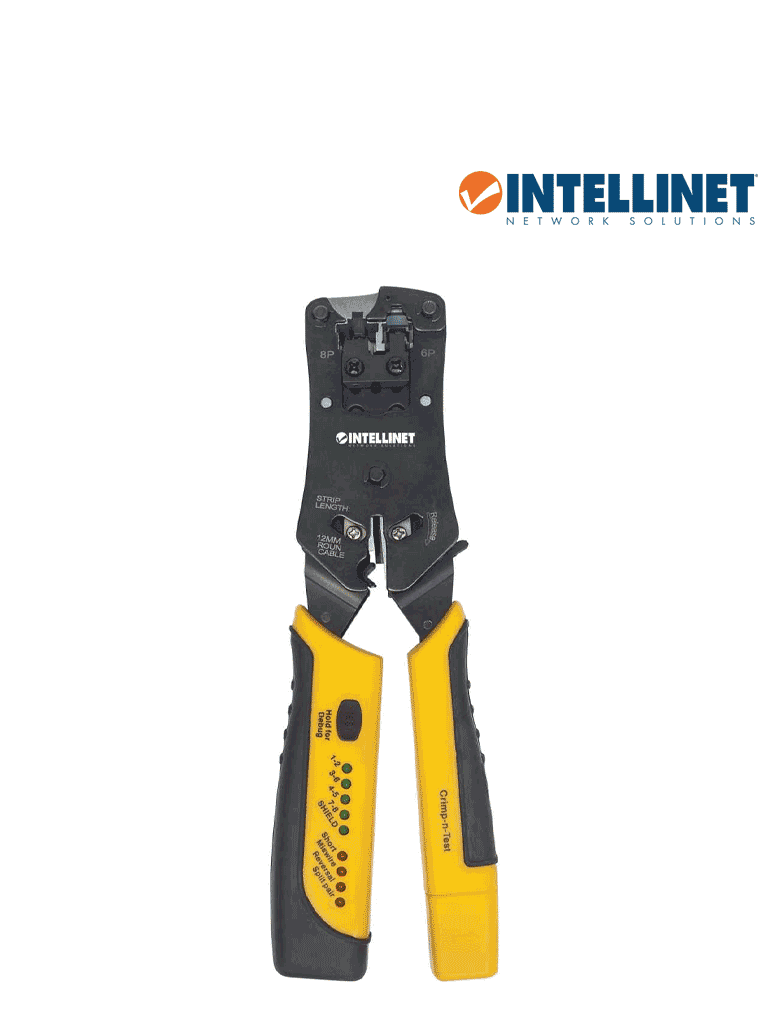 INTELLINET 780124 - Pinza crimpeadora universal de plugs modulares y probador de cables 2-en-1: crimpea, corta, pela, remata y prueba.