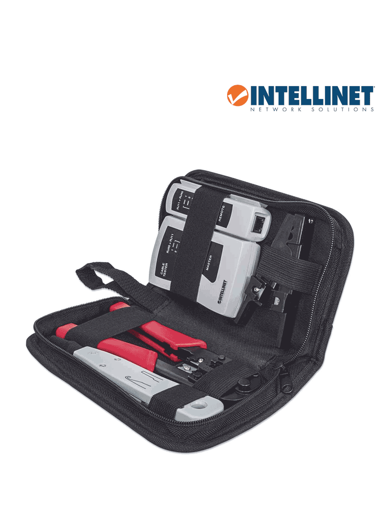 INTELLINET 780070 - Kit de herramientas para red de 4 piezas: probador de cable UTP, ponchadora, pinza crimpeadora y pelador de cable