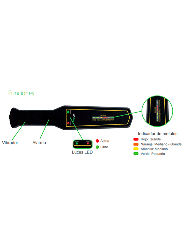 ZKTECO D180 - Detector de metales portátil con alta sensibilidad, indicador visual, alarmas sonora y vibración. Su batería recargable de 9VDC proporciona hasta 40 horas de uso continuo, ideal para aplicaciones de seguridad eficientes y prolongadas.