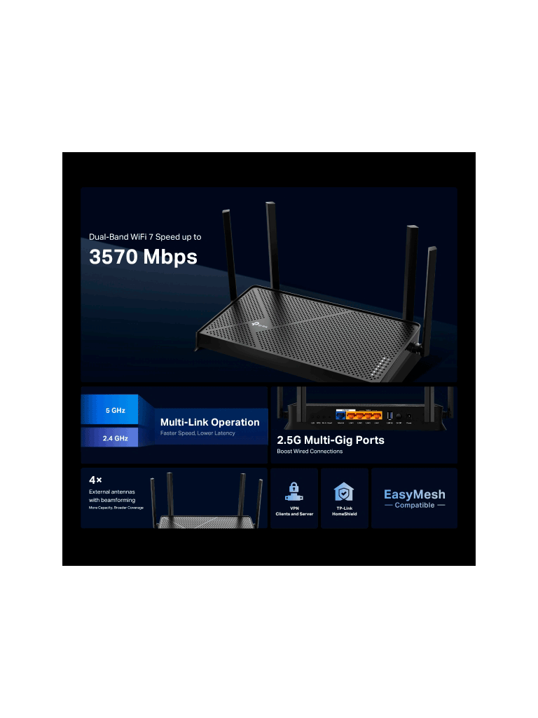 TP-LINK Archer BE230 - Router Wi-Fi 7 con Puertos Multi-Gigabit/ WiFi 7 de Doble Banda a 3.6 Gbps/ Compatible con EasyMesh/ 2× Puertos de 2.5Gb/