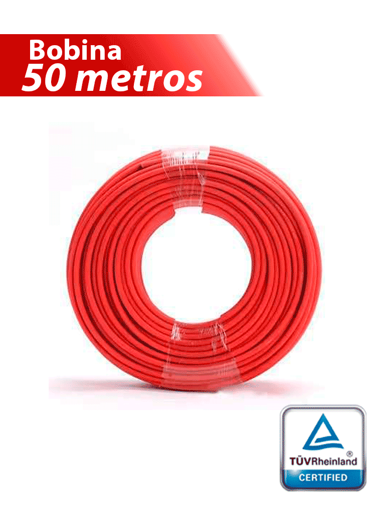 Cable Fotovoltaico TUV H1Z2Z2-K - Carrete 50 metros lineales Cable Fotovoltaico Color Rojo 6mm2/ Calibre 10AWG / Cubierta libre de halógenos cero propagación de llama / 1.0/1KVAC, 1500DC / MAX VOLTAJE 1800 VDC