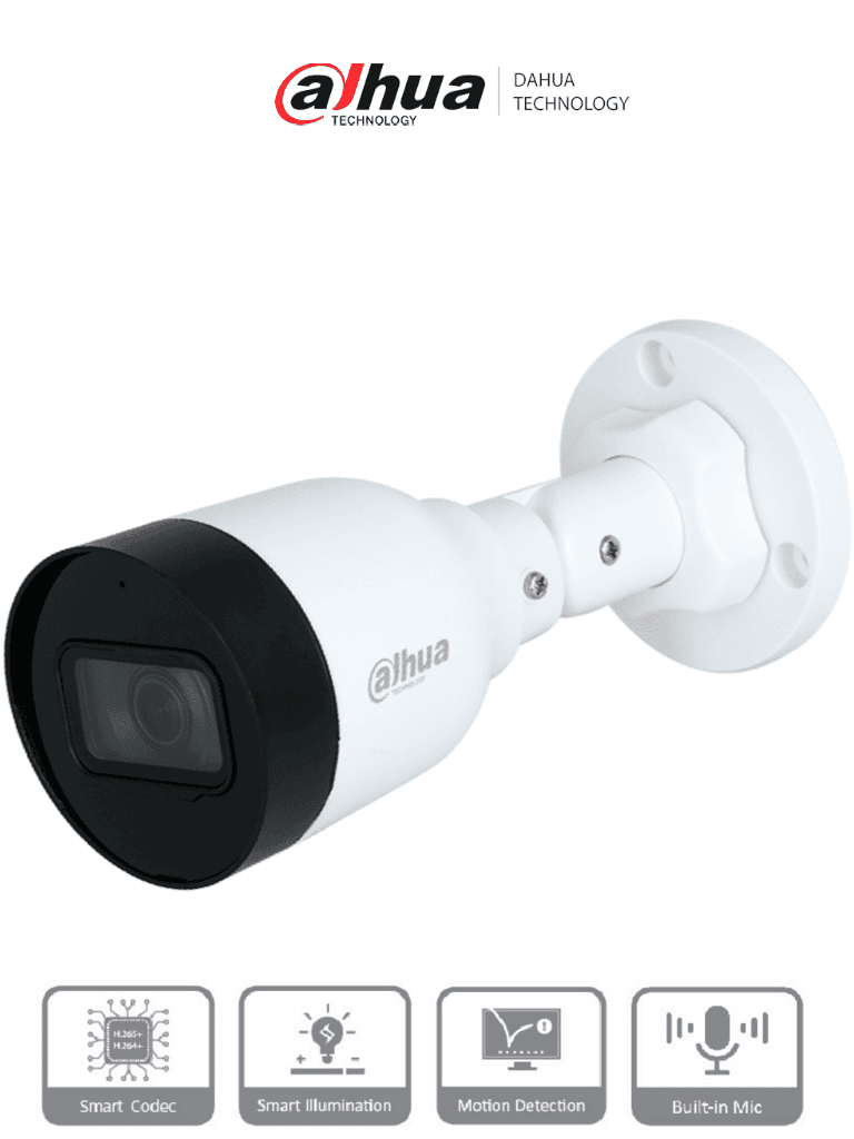 Dahua IPC-HFW1230S1-A - Cámara IP Bullet de 2MP, lente de 2.8mm, ángulo de visión de 102 grados, micrófono integrado, compresión H.265+, IR de 30m, protección IP67, PoE, DWDR — Dahua Technology · SKU DHT0030219