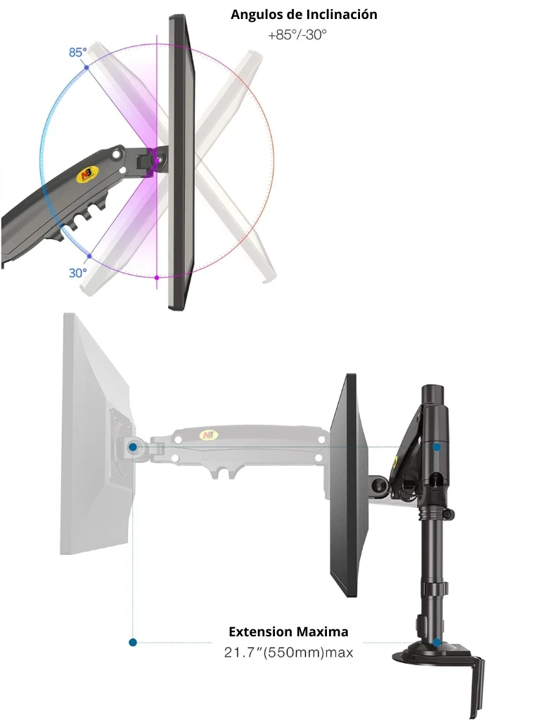 TCE H100 - Soporte de Escritorio para Pantallas de 22 a 35" , Carga Máxima 9 Kg , VESA 75x75mm / 100x100mm , Ajuste Inclinación y Rotación