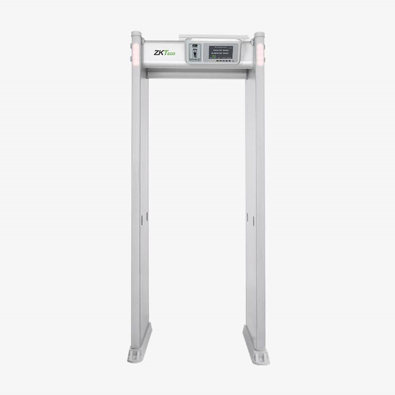 ZKTECO D4330 - Arco Detector de Metales con 33 zonas de detección, 300 niveles de sensibilidad, pantalla HD 7", indicadores LED en ambas vistas, control remoto y batería de respaldo incluida.