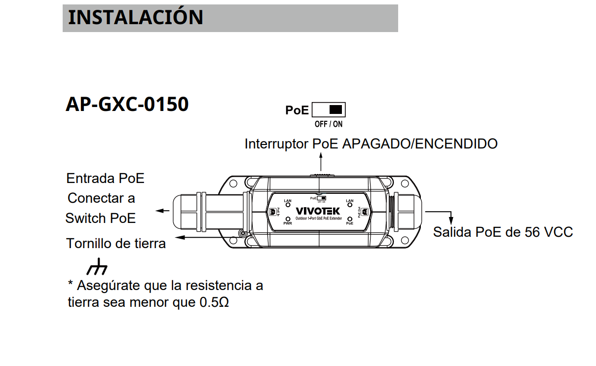 VIVOTEK AP-GXC-0150 - Extensor PoE para exterior con 1 puerto Gigabit GE, conexión en cascada hasta 300m, salida PoE de hasta 68W, y protección IP67 e IK10.