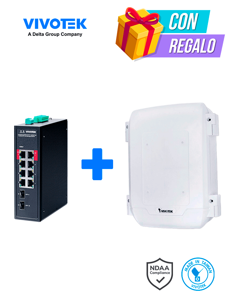 VIVOTEK AWIHB1040EXT - Kit Switch PoE AW-IHB-1040 y Gabinete AT-CAB-001, 8 ptos Administrable, 2 ptos PoE GbE 90W, 6 ptos GbE 30W, 2 ptos GbE SFP, 300W Totales, PoE Extendido 250 mts,VLAN, Alimentacion 48-56VDC (fuente no incluida), IP66, IK10 · SKU VIV3720015