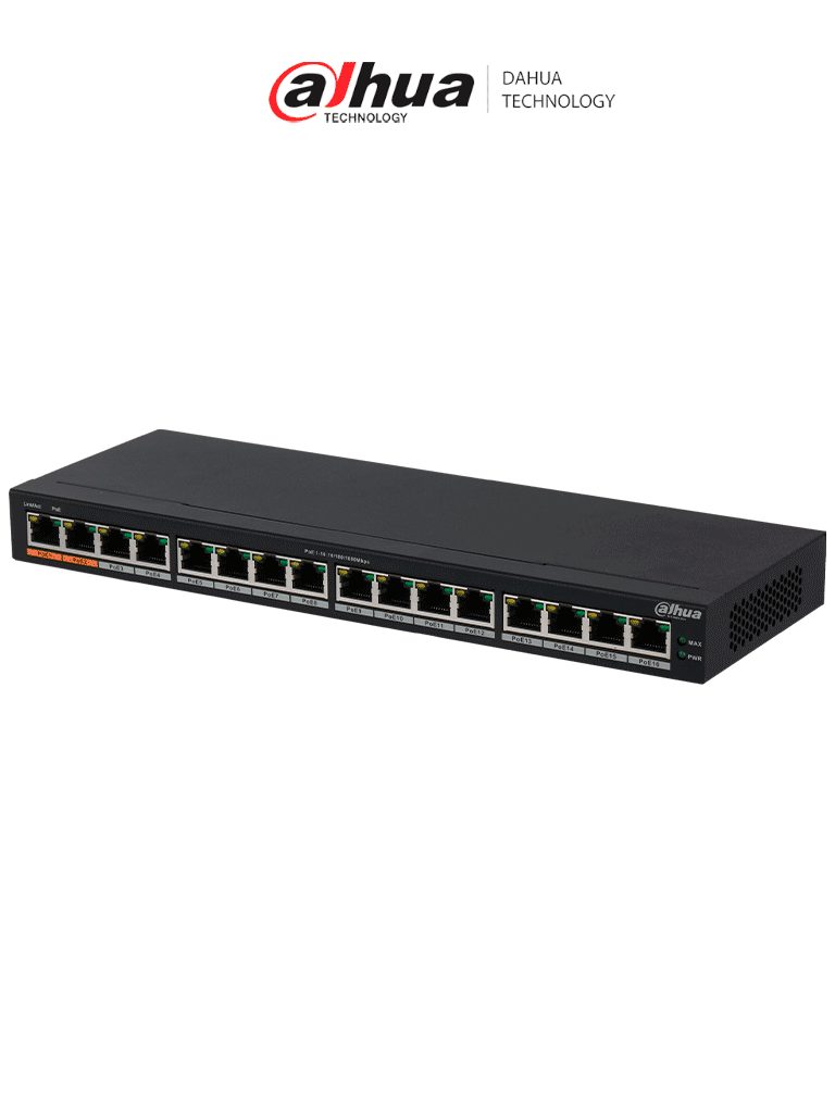 DAHUA DH-PFS3016-16GT-190 - Switch Gigabit PoE de 16 Puertos/ 190 Watts Totales/ Los 2 Puertos Naranjas Soportan Hi-PoE Estandar/ Switching 32 Gbps/ Tasa de Reenvio de paquetes 23.808 Mbps/ Protección Contra Descargas/ — Dahua Technology · SKU DHT1850012