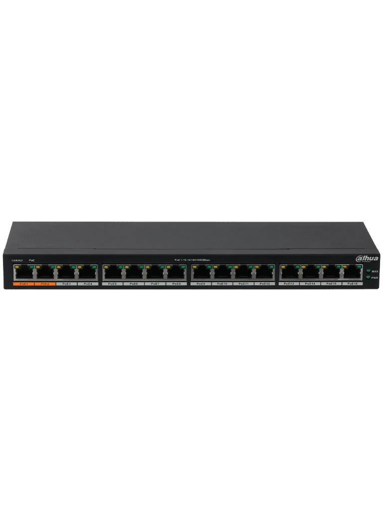 DAHUA DH-PFS3016-16GT-190 - Switch Gigabit PoE de 16 Puertos/ 190 Watts Totales/ Los 2 Puertos Naranjas Soportan Hi-PoE Estandar/ Switching 32 Gbps/ Tasa de Reenvio de paquetes 23.808 Mbps/ Protección Contra Descargas/