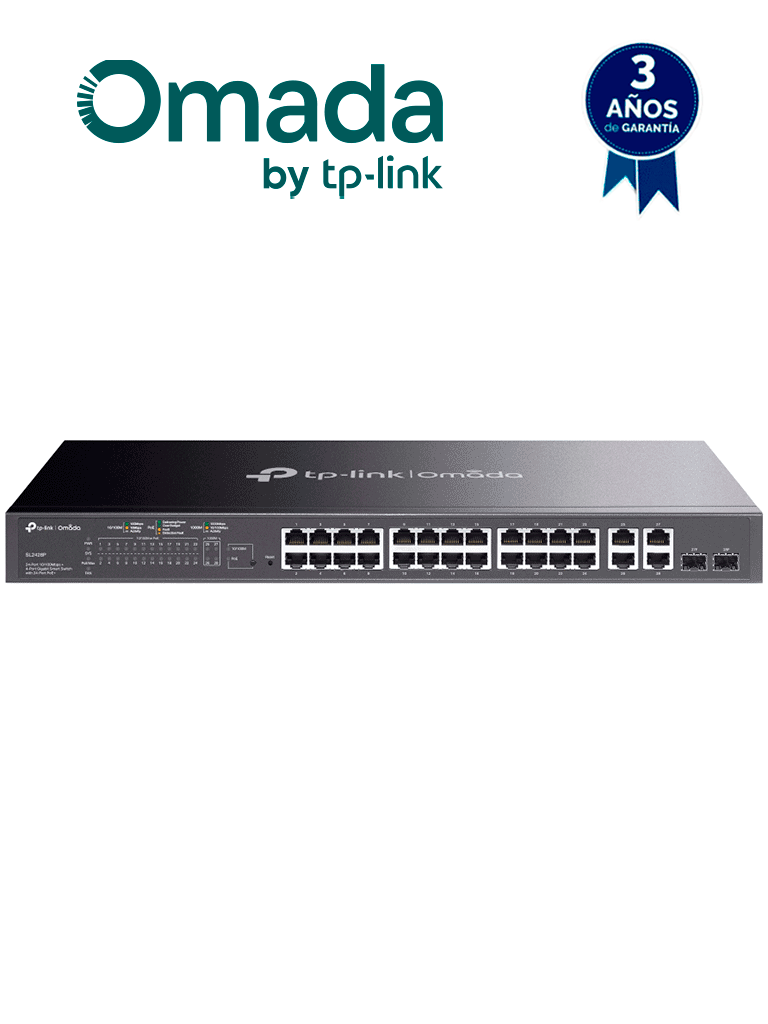TP-LINK SL2428P - Switch PoE+ JetStream SDN administrable con 24 puertos 10/100 Mbps, 2 puertos 10/100/1000 Mbps (Uplink), 2 puertos SFP (combo 2 RJ45 10/100/1000 Mbps), capacidad de 250W y administración centralizada OMADA SDN. — TP-Link · SKU TPL3720023