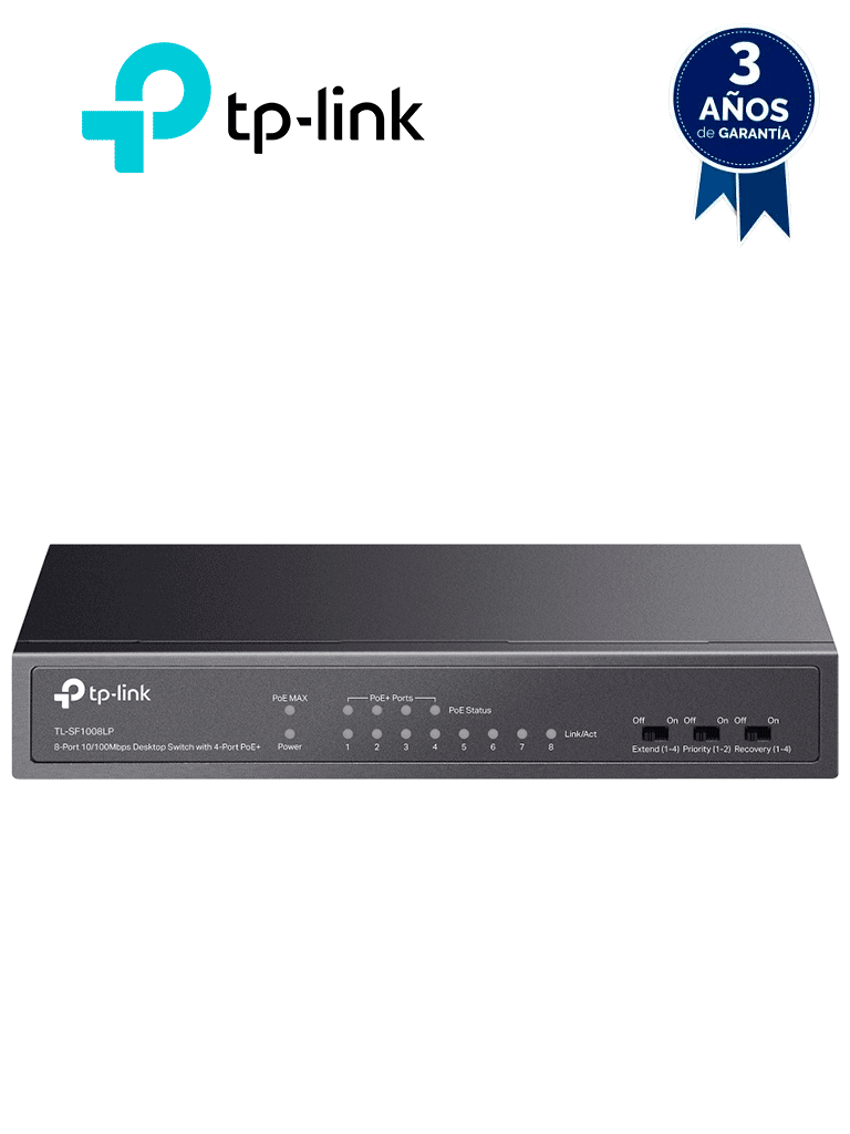 TP-LINK TL-SF1008LP - Switch PoE no administrable con 8 puertos Fast Ethernet, incluidos 4 puertos PoE AF. Ofrece un presupuesto PoE de hasta 41W y soporta modo extendido para conexiones de hasta 250m. — TP-Link · SKU TPL3720007