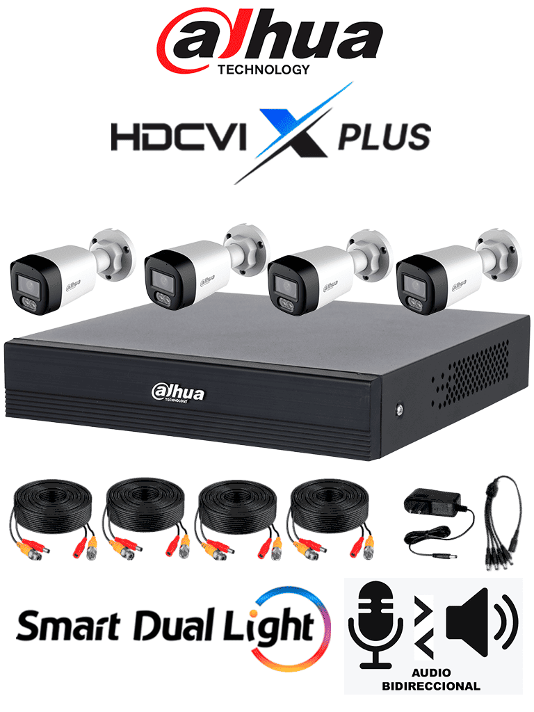 DAHUA DH-KIT/XVR1B04-I/T/4-HAC-HFW1200RLN-IL-T - Kit 4 Canales 2 MP con Audio Bidireccional y DVR Cooper-I WizSense. Incluye 4 cámaras Iluminador dual 2 MP con micrófono integrado. 4 canales más 1 IP y 4 SMD Plus. Incluye accesorios/
