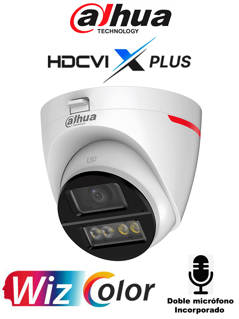 DAHUA DH-HAC-HDW1249XN-A-PRO -Cámara Domo HDCVI 2MP WizColor/ HDCVI X PLUS/Video 24 Horas a Color/ Lente 2.8mm / Corrección de Distorsión de Imagen IA/ Iluminador Inteligente 50m /Doble Mic Incorp/Campo de Visión de Hasta 101°/