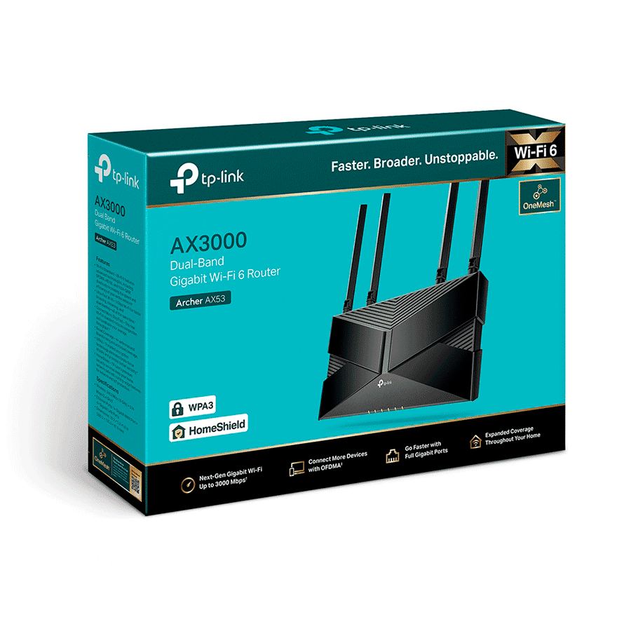 TP-LINK Archer AX53 - Ruteador WiFi 6 AX de 3000 Mbps con 1 puerto WAN RJ45 Gigabit Ethernet, 4 puertos LAN RJ45 Gigabit Ethernet, tecnologías MU-MIMO y OFDMA, además 4 antenas con Beamforming.
