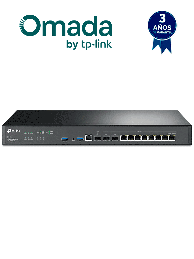 TP-LINK ER8411 - Router VPN Omada, 1 puerto WAN 10G SFP+, 1 puerto WAN/LAN 10G SFP+, 1 puerto WAN/LAN 1G SFP+, 8 puertos WAN/LAN GE, ZTP, Administracion Centralizada, Secure VPN, Firewall potente, Filtrado de IP/MAC/URL, enlace IP-MAC — TP-Link · SKU TPL3660037