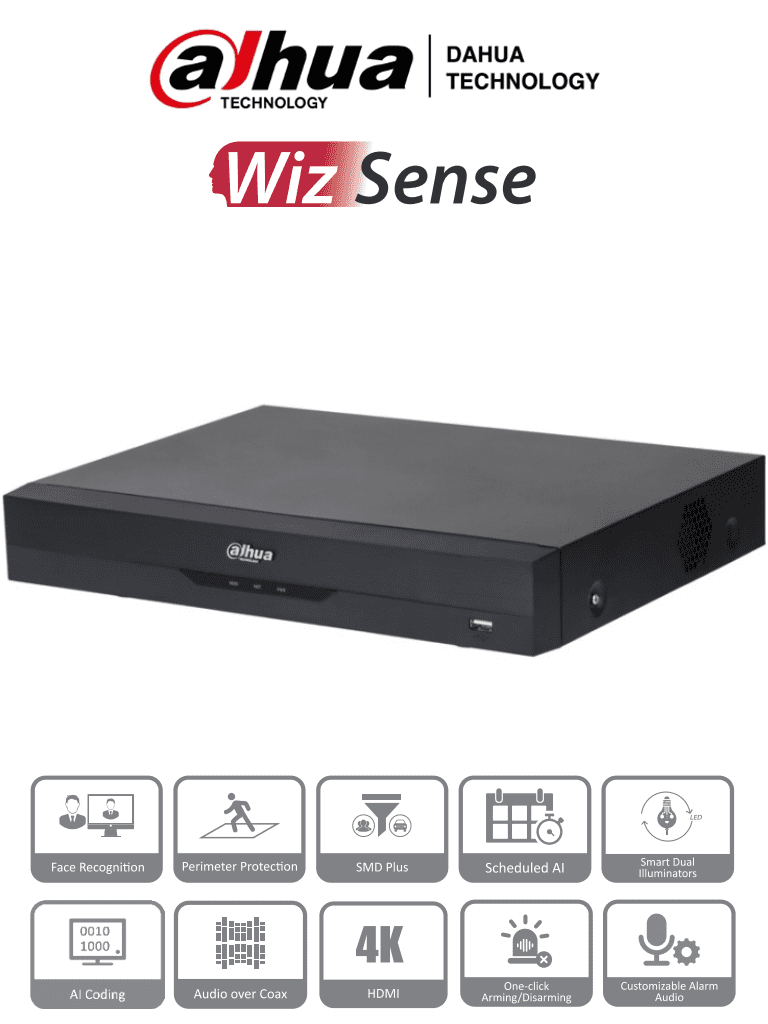 DAHUA XVR5116H-4KL-I3 - DVR de 16 Canales 4k/ 8 Megapixeles/ WizSense/ IA/ H.265+/ 16 Canales + 16 IP/ Hasta 32 Ch IP/ 2 Canales de Reconocimiento Facial/ SDM Plus/ Codificación con IA/ 1 Bahía de Disco Duro/ Funciones IoT & POS/ — Dahua Technology · SKU DHT0370033