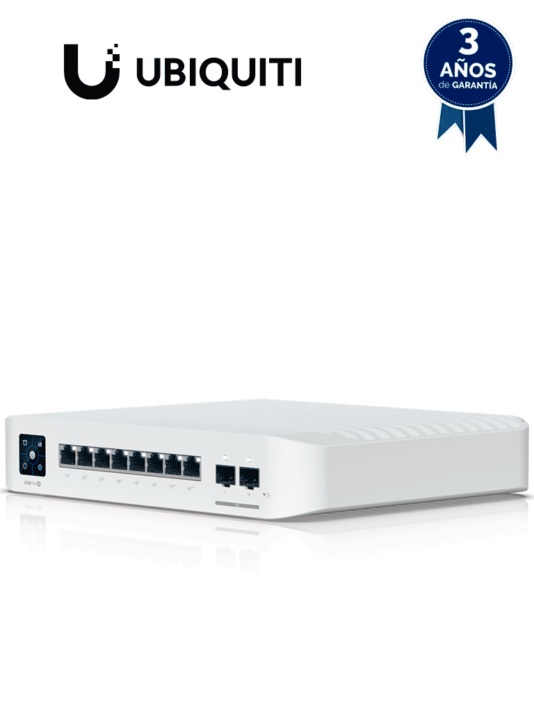 UBIQUITI USW-PRO-8-POE - Switch UniFi capa 3 de 8 puertos POE 802.3af/at/bt , 6 puertos POE+ , 2 puertos POE++ , 2 puertos SFP+ , 120W totales. · SKU UBI3720006
