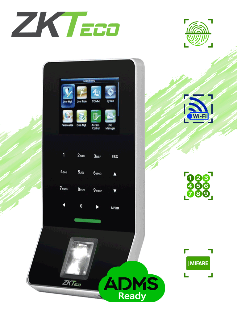 ZKTECO F22Mifare - Control de Acceso y Asistencia / 3000 Huellas / 5000 Tarjetas Mifare / Teclado Táctil / Sensor de Huella BIO ID / Conexión TCPIP / WiFi / ADMS Gratis — ZKTeco · SKU ZKT0680044