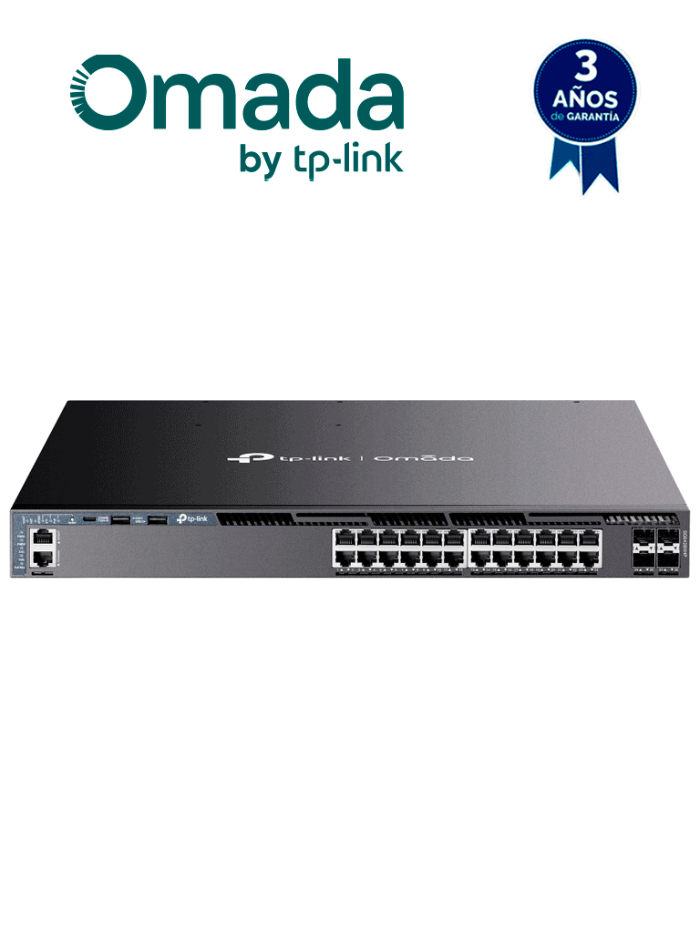 TP-LINK SG6428XHP - Switch Omada L3 Stackable de 24 puertos POE+ Gigabit y 4 puertos SFP+ 10G , 700W , Stacking físico , Funciones L3 Enterprise. RIP, OSPF, ECMP, VRRP, PIM-DM, DHCP Server/Relay , Alta disponibilidad , VRRP y ERPS , Interfaz WEB , CLI.