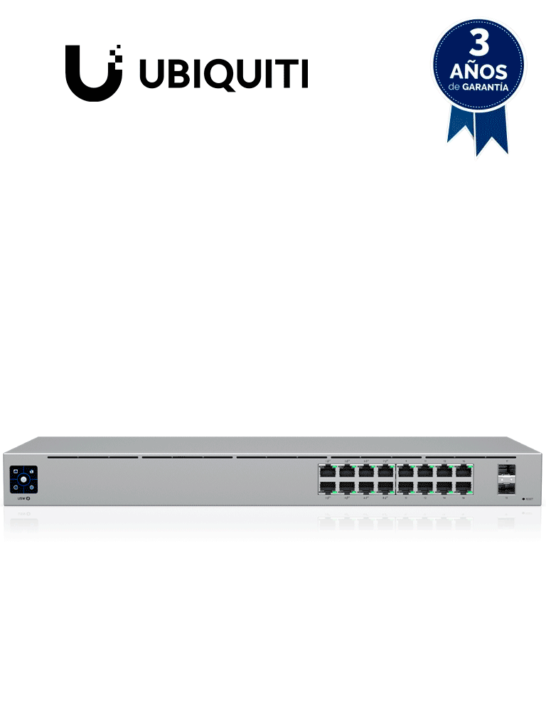 UBIQUITI USW-16-POE - Switch Capa 2 de 16 Puertos/ 8 Puertos PoE 802.3af&at y 8 Puertos Gigabit sin PoE/ 2 Puertos 1Gbps SFP/ Presupuesto PoE de Hasta 42W/ Pantalla Informativa — UniFi · SKU UBI1850011