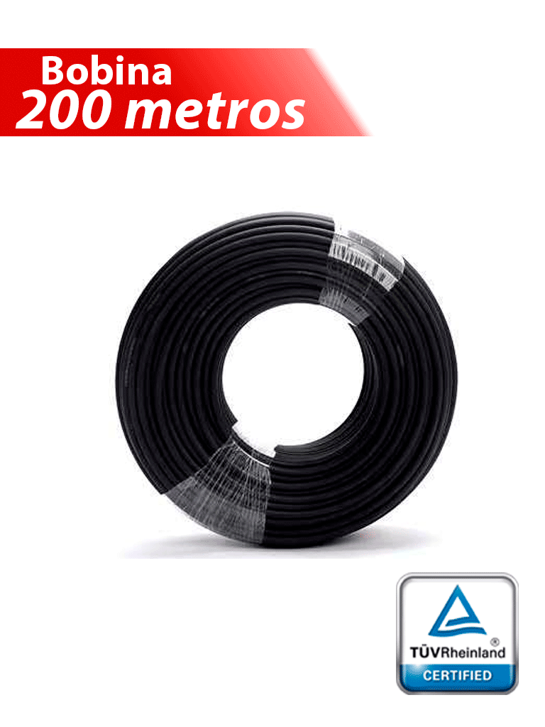 Cable Fotovoltaico H1Z2Z2-K - Carrete 200 metros lineales Cable Fotovoltaico Color Negro 6mm2/ Calibre 10AWG / Cubierta libre de halógenos cero propagación de llama / 1.0/1KVAC, 1500DC / MAX VOLTAJE 1800 VDC