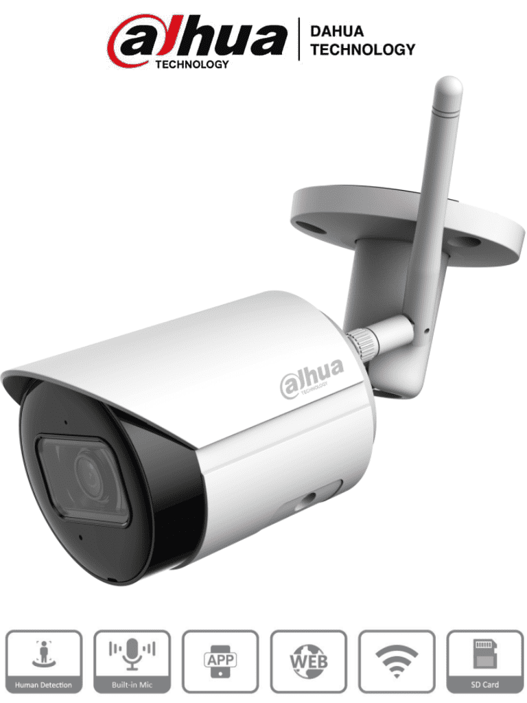 DAHUA IPC-HFW1430DS-SAW - Camara IP Bullet Wifi de 4 Megapixeles/ Lente de 2.8mm/ 90 Grados de Apertura/ H.265+/ IR de 30 Metros/ Microfono Integrado/ Ranura para MicroSD/ Metalica/ IP67/ DWDR/ Videoanaliticos con SMD/ — Dahua Technology · SKU DHT0030071