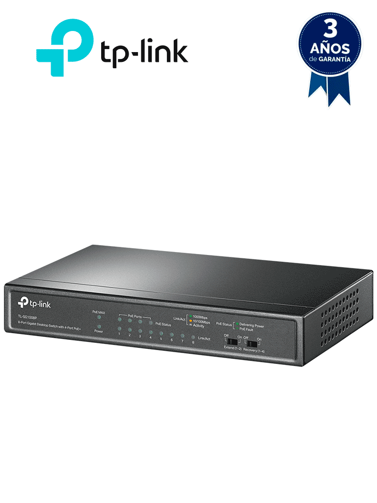 TP-LINK TL-SG1008P - Switch Gigabit PoE+ no administrable de 8 puertos 10/100/1000 Mbps, solo 4 puertos PoE, ideal para escritorio — TP-Link · SKU TPL3720005