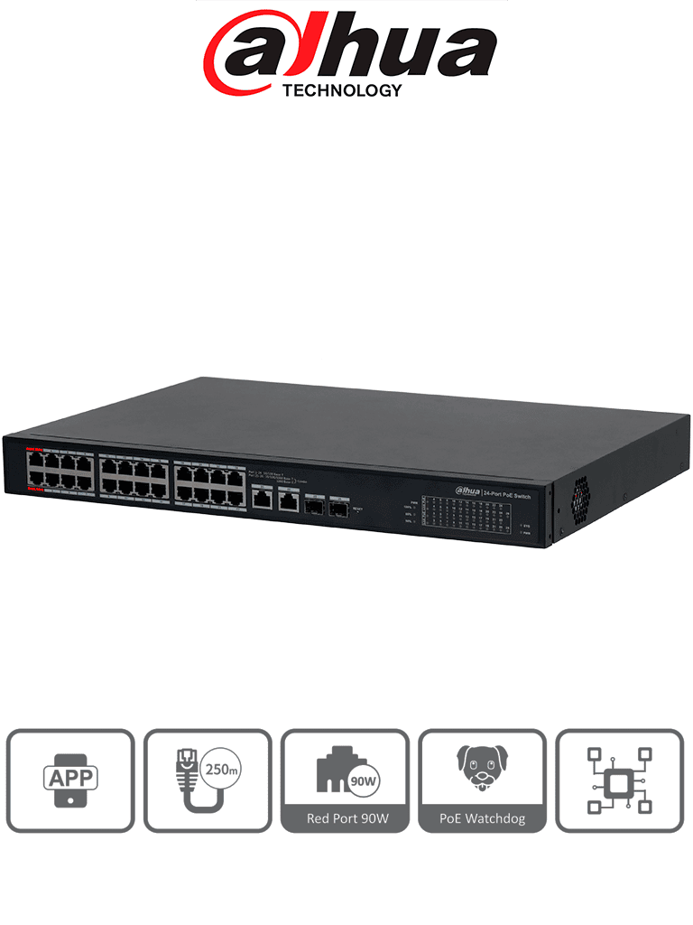 DAHUA DH-S4101-24ET2GF-360-C - Switch Administable en la Nube de 26 puertos/24 puertos PoE Hasta 360 Watts/Hasta 250 mts de Conexión/PoE watchdog /10/100 Mbps/Poe 2.0/ 8.8 Gbps/2 Ptos Hasta 90W de Suministro PoE/Administrable Cloud por Dolink Care — Dahua Technology · SKU DHT3720026