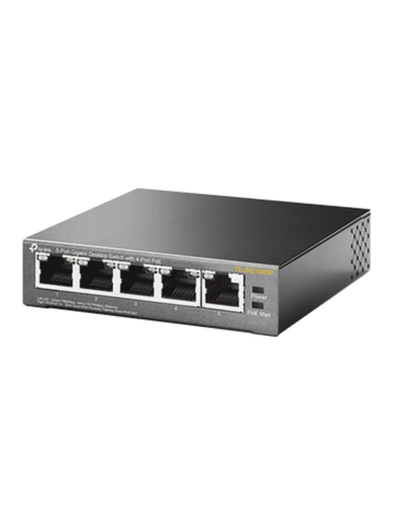 TP-LINK TL-SG1005P - Switch Escritorio No Administrable de 5 puertos 10/100/1000 Mbps, con 4 puertos PoE 802.3af/at de hasta 65 W y PoE Extendido hasta 250 metros.