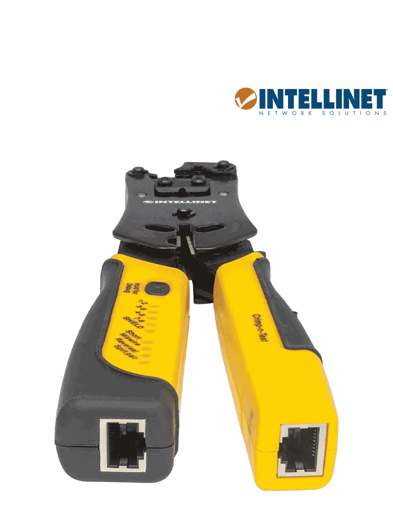 INTELLINET 780124 - Pinza crimpeadora universal de plugs modulares y probador de cables 2-en-1: crimpea, corta, pela, remata y prueba.